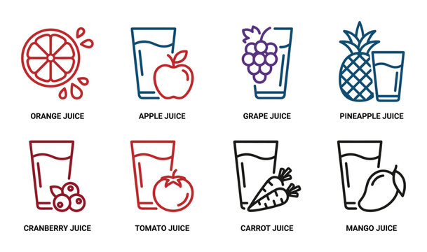 Vector illustration of juice icon set. Includes orange, apple, grape, pineapple, and other fruit juice icons.