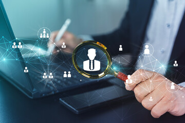 Customer Data Search and Recruitment Analytics with Magnifying Glass on Laptop