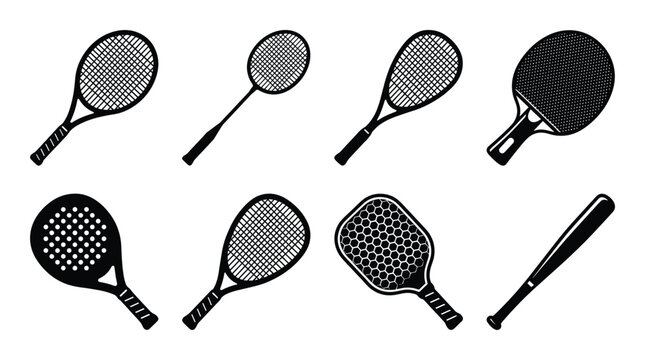 Vector illustration of sport equipment including tennis rackets, badminton racket, table tennis racket and baseball bat.