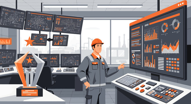 Industrial engineer analyzing data on a large screen in a modern factory control room.