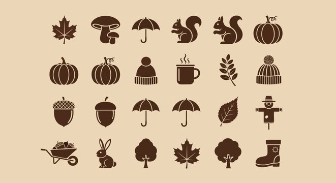 A charming collection of autumn themed icons featuring pumpkins leaves squirrels and cozy fall accessories