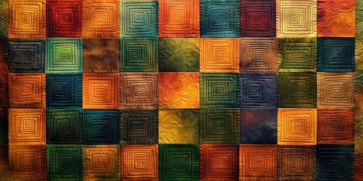 Colorful patchwork quilt with square fabric pieces featuring concentric stitched spirals and warm autumnal shades creating a cozy and intricate textured pattern