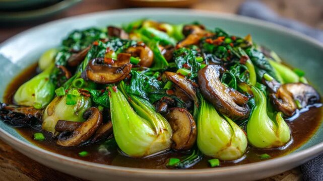 Stir-fried bok choy with mushrooms on plate
