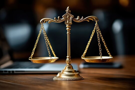 ornate brass balance scales on wooden desk with blurred laptop and smartphone in background, evoking justice, fairness, and solemn authority