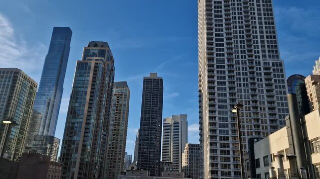 Downtown Chicago Skyscrapers on Sunny Day, Panorama, Illinois USA