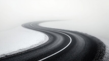 Naklejka premium winding empty asphalt road cutting through a snow-covered landscape into dense fog, minimalist scene evoking solitude and calm