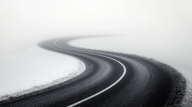 winding empty asphalt road cutting through a snow-covered landscape into dense fog, minimalist scene evoking solitude and calm