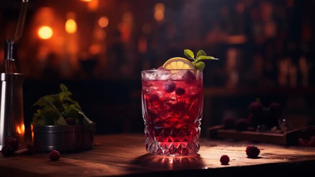 Blueberry cocktail on wooden bar with moody lighting

