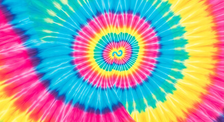Vibrant spiral tie-dye pattern showcasing a kaleidoscope of bright pink, yellow, and blue hues