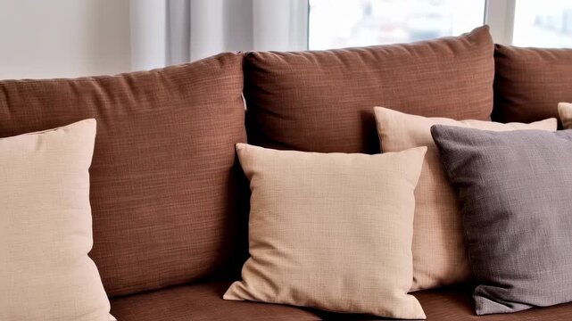 Stacked throw pillows in various muted tones on a brown sofa