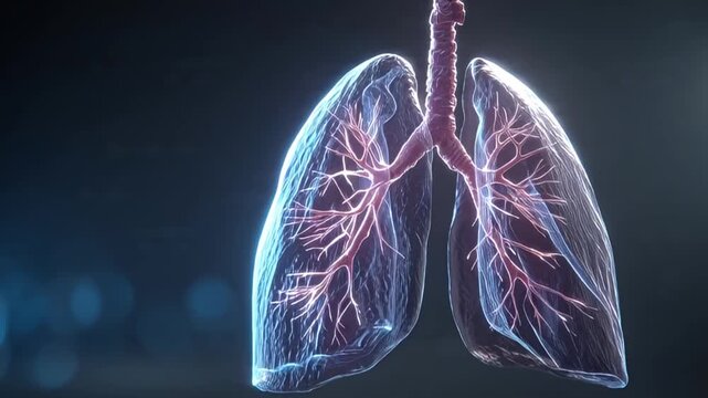 Detailed 3D medical illustration of human lungs with trachea and bronchi anatomy in a dark environment from a front viewpoint