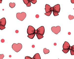 A seamless repeating pattern of charming hand-drawn pink bows, hearts, and dots create a delightful whical design on a white background.