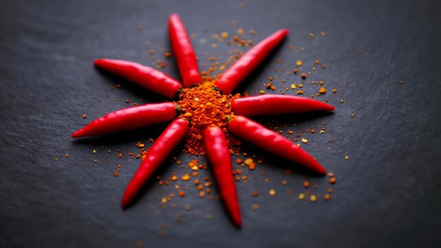 Starburst of red chili peppers and spice