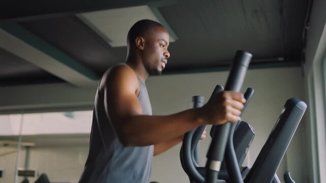 Man exercising on elliptical machine in modern gym.
