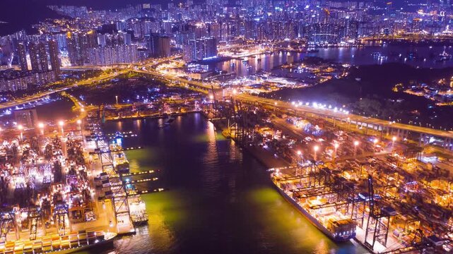 A dynamic aerial time-lapse capturing the relentless rhythm of global trade, with massive container ships and synchronized cranes operating under dramatic skies at a bustling port.