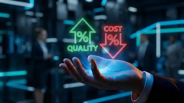 A hand projects holographic displays showing a 1 increase in quality alongside a 1 decrease in cost representing business optimization high quality professional detailed