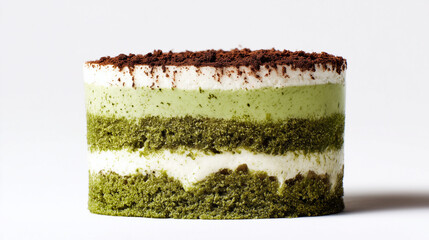 白い背景に映える抹茶ティラミスの美しい層とココアパウダーをトッピングした和スイーツのクローズアップ