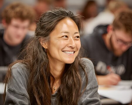 A smiling Asian woman with long dark hair attends a university lecture with other students focused on classwork in a bright classroom scene.