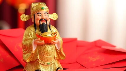 Chinese God of Wealth with gold ingot and red envelopes, symbolizing good fortune and prosperity for Lunar New Year.