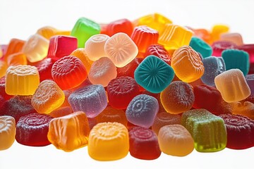 Colorful assortment of soft, sugar-coated gummy candies piled together with translucent light shining through, evoking a playful and sweet feeling
