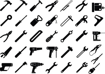 Naklejka premium Black hand and power tool icons set hammer wrench drill pliers screwdriver repair maintenance construction silhouette vector collectionBlack hand and power tool icons set hammer
