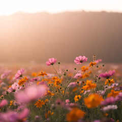 Obraz premium Wildflower field with pink orange purple blooms during golden hour with forest silhouette and warm sunset light
