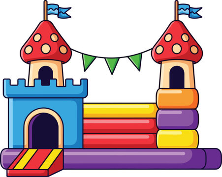 Colorful vector illustration of an inflatable bouncy castle with towers and flags isolated on white background for children birthday party and summer carnival fun.