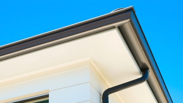 soffit. Clean white soffit board under eaves contrasting with dark rain gutter. real-estate listings, architecture portfolios, designed for real-estate listing and luxury residence showcases.