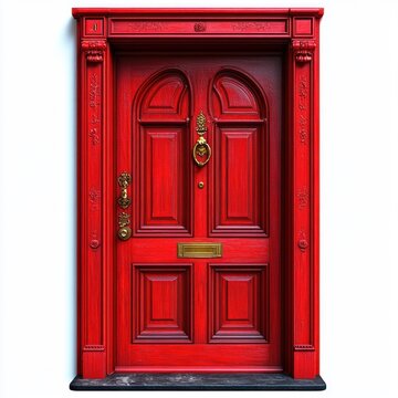 Elegant bright red wooden door with detailed carvings and brass hardware including a knocker, handle, and mail slot on a white wall background