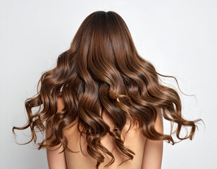 Naklejka premium Beautiful wavy hair texture from behind, ideal for beauty and haircare marketing, glossy, healthy locks in a neutral background.