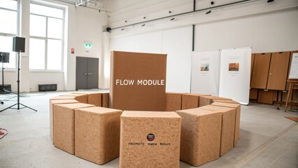 Modern workspace setup featuring innovative flow module and seating arrangement with cardboard materials for creative collaboration