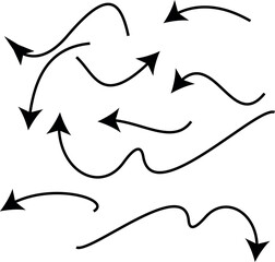 Collection of hand-drawn curved arrows pointing in various directions vector