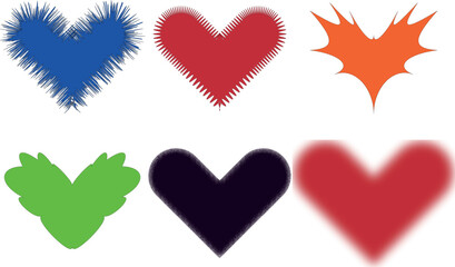 Collection of six distinct heart graphics various colors and textures for design projects vector