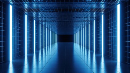 Futuristic blue neon lit tunnel with reflective floor and grid ceiling, creating an infinite corridor
