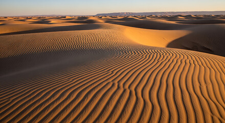Striking patterns of wind-blown sand ripples across a vast desert dune landscape captured during the warm glow of sunset or sunrise illuminating the arid terrain beautifully.