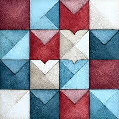 Fototapeta premium Watercolor geometric pattern displaying square and triangular shapes in shades of red, blue, and white creating abstract design texture.