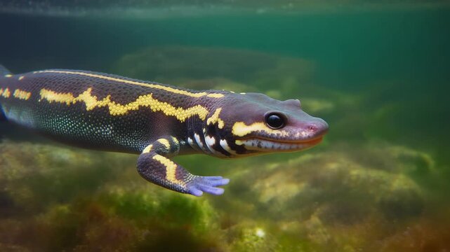 Underwater view of a salamander swimming in a lake or river.