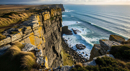 Majestic towering sea cliffs plunge dramatically into the churning turquoise ocean waters below under a bright yet slightly overcast sky suggesting remote coastal grandeur and natural rugged beauty