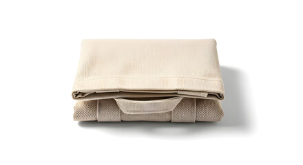 Minimalist Folded Beige Fabric Blanket Product Shot with Handle, Isolated on White