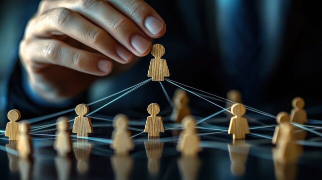 Careful hand placing a wooden figure over a connected network of wooden people tokens linked by strings on a reflective surface, evoking leadership and responsibility