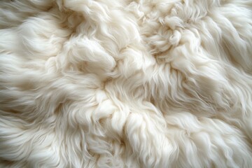Close-up of soft, fluffy, long white wool fibers with natural waves and texture creating a cozy and warm feeling