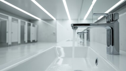 Modern public restroom running water from chrome faucet into white sink, bright linear lights, stalls visible