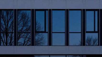 Sleek building windows reflect the stark silhouettes of bare tree branches against a deep blue sky