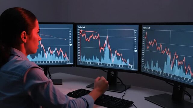 Stressed Female Trader Reacting to Falling Market Data on Multiple Screens