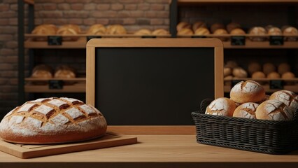 Warm bakery counter display with fresh bread, rolls, and a blank chalkboard against brick wall & shelves