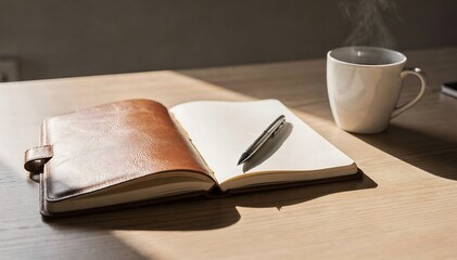 Fototapeta premium A serene workspace with a leather journal, pen, and steaming coffee cup