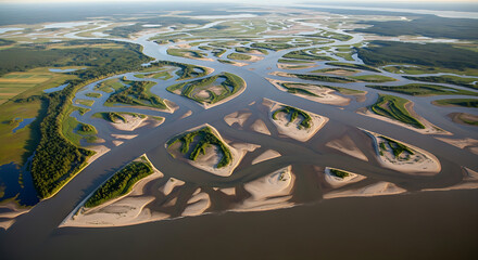 Majestic aerial view captures the intricate network of a braided river system displaying numerous sandbars and green forested islands under bright daylight conditions.