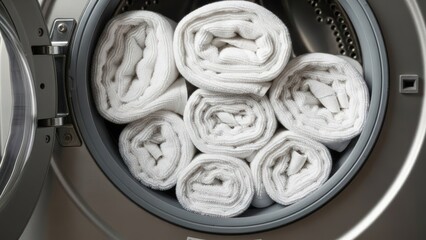 Rolled white towels neatly stacked inside an open washing machine drum, suggesting cleanliness/laundry