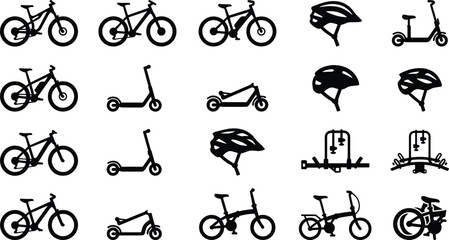 Set of black bicycle and electric scooter icons including safety helmets, bike racks, folding bikes, and urban personal transportation equipment symbols. © Fuad Creatives 