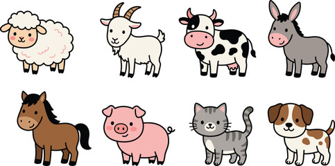 Cute, cartoon, farm, animals, collection, with, sheep, goat, cow, donkey, horse, pig, cat, and, dog, isolated, on, white, background, vector